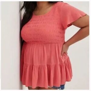 Torrid Babydoll Crinkle Gauze Smocked Top in Coral 00X